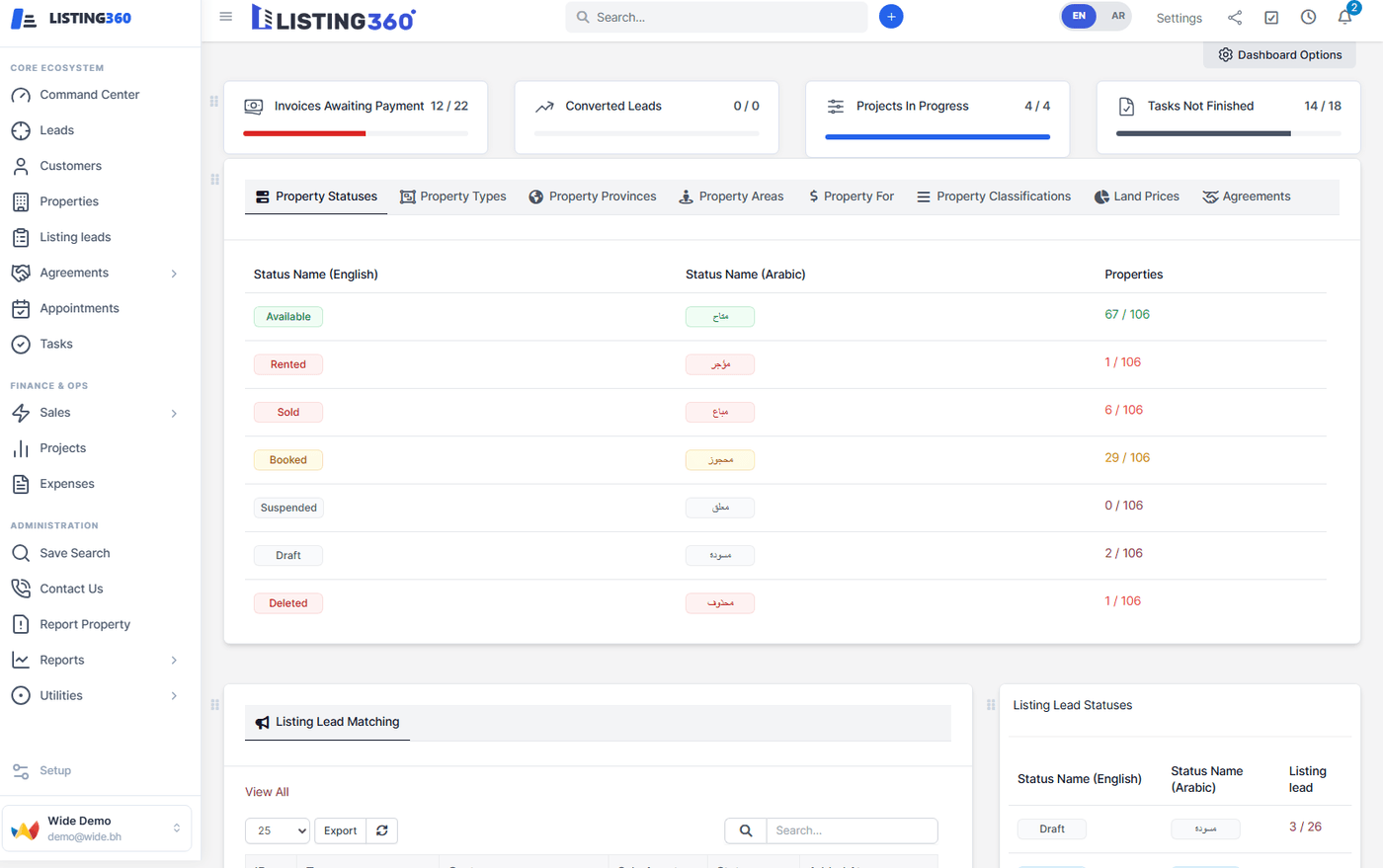 Listing360 admin dashboard with the full sidebar menu