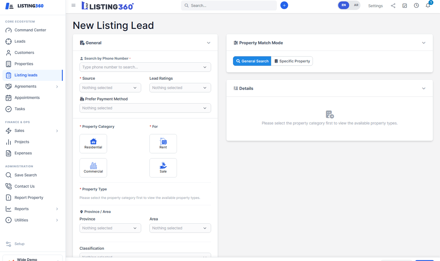 New Listing Lead form showing property category, for, type, and property match mode