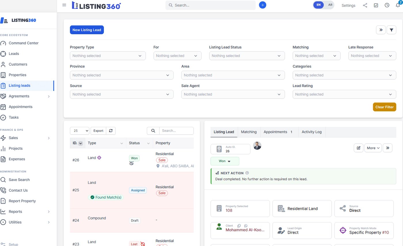 Listing lead detail panel showing status, next action, client, and property match details