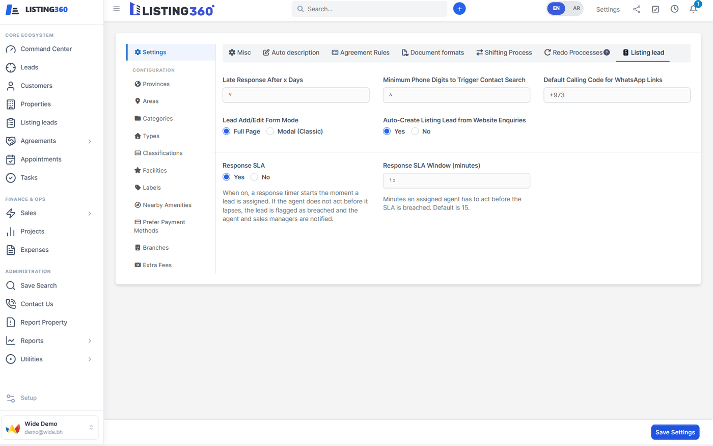 Listing lead settings tab showing Late Response, Lead Form Mode, and Response SLA fields