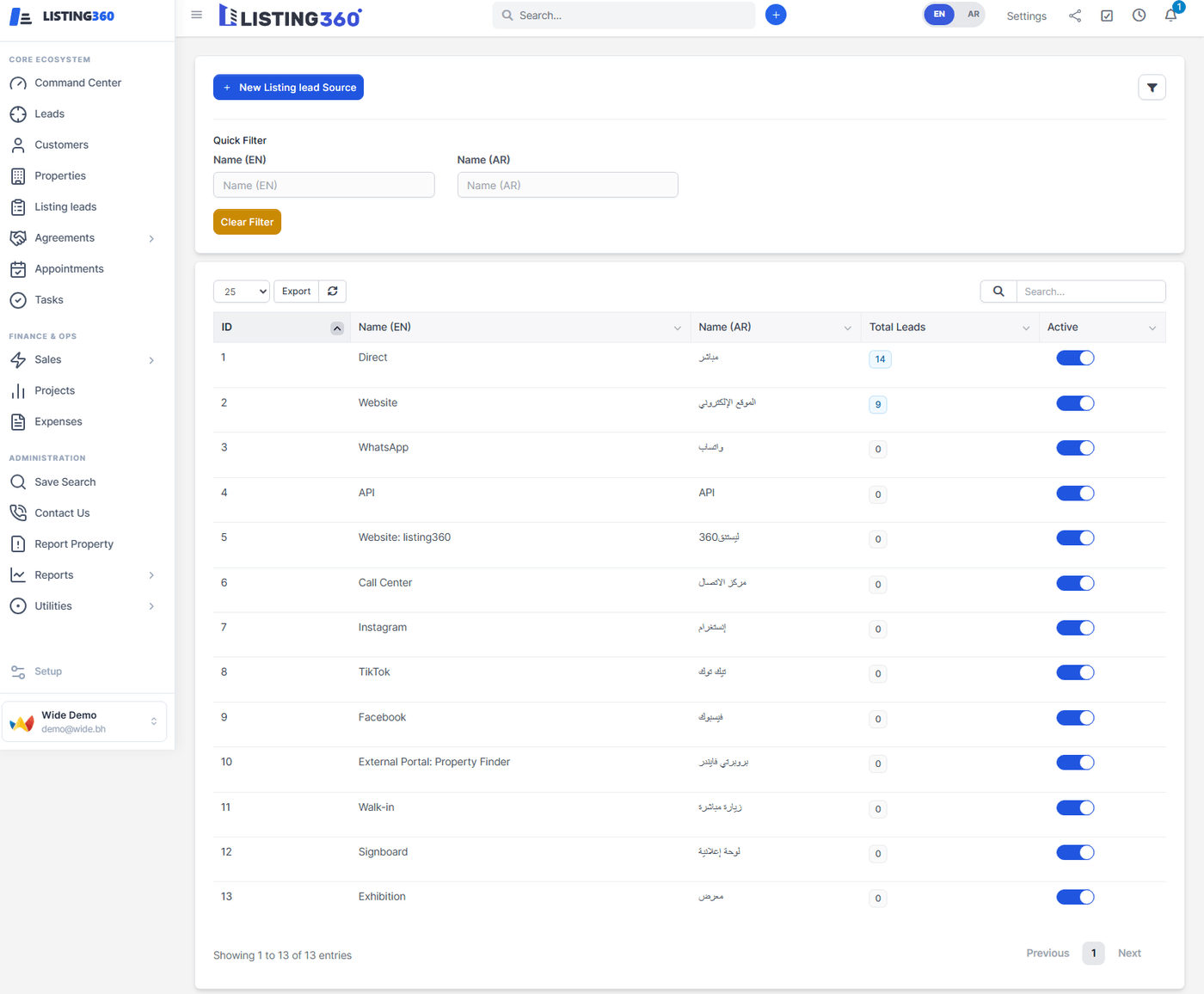 Listing lead source setup screen listing Direct, Website, WhatsApp, Instagram, TikTok and other sources