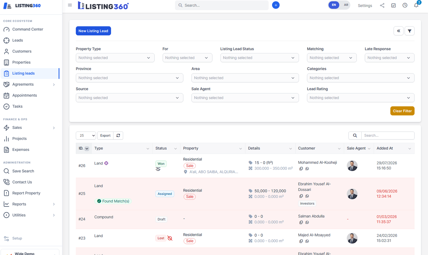 Listing leads list showing statuses like Won, Assigned, Draft, Lost, Qualifying, and Negotiating