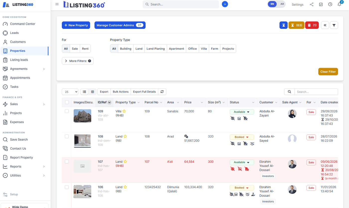 The Properties list screen with filters and inventory table