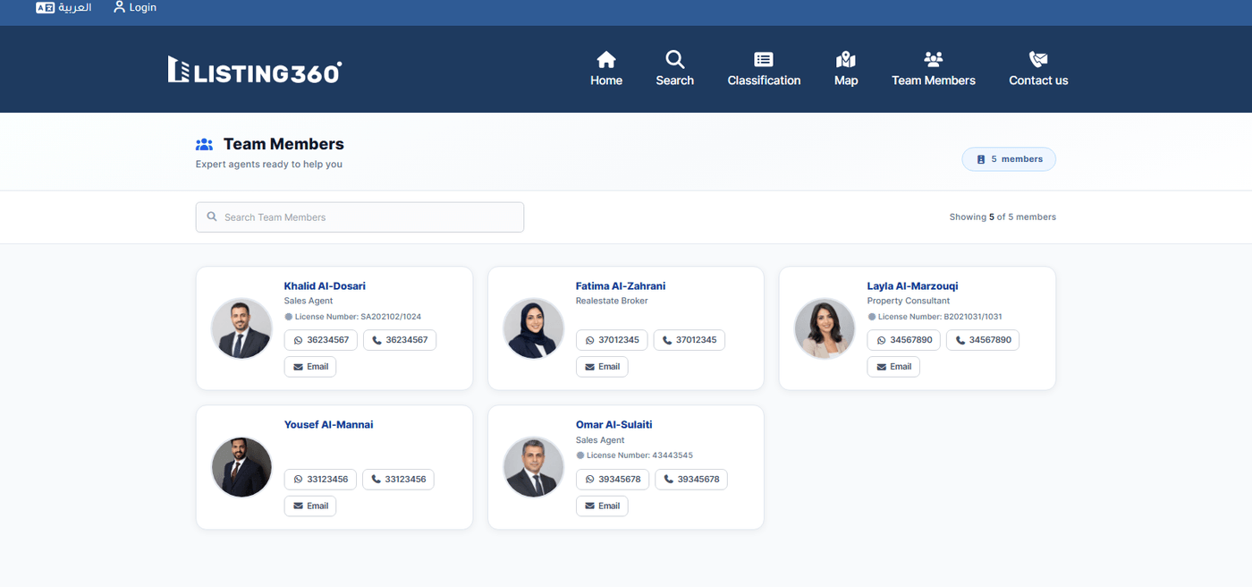 Public Team Members directory showing agent photos, designations, license numbers, and contact buttons