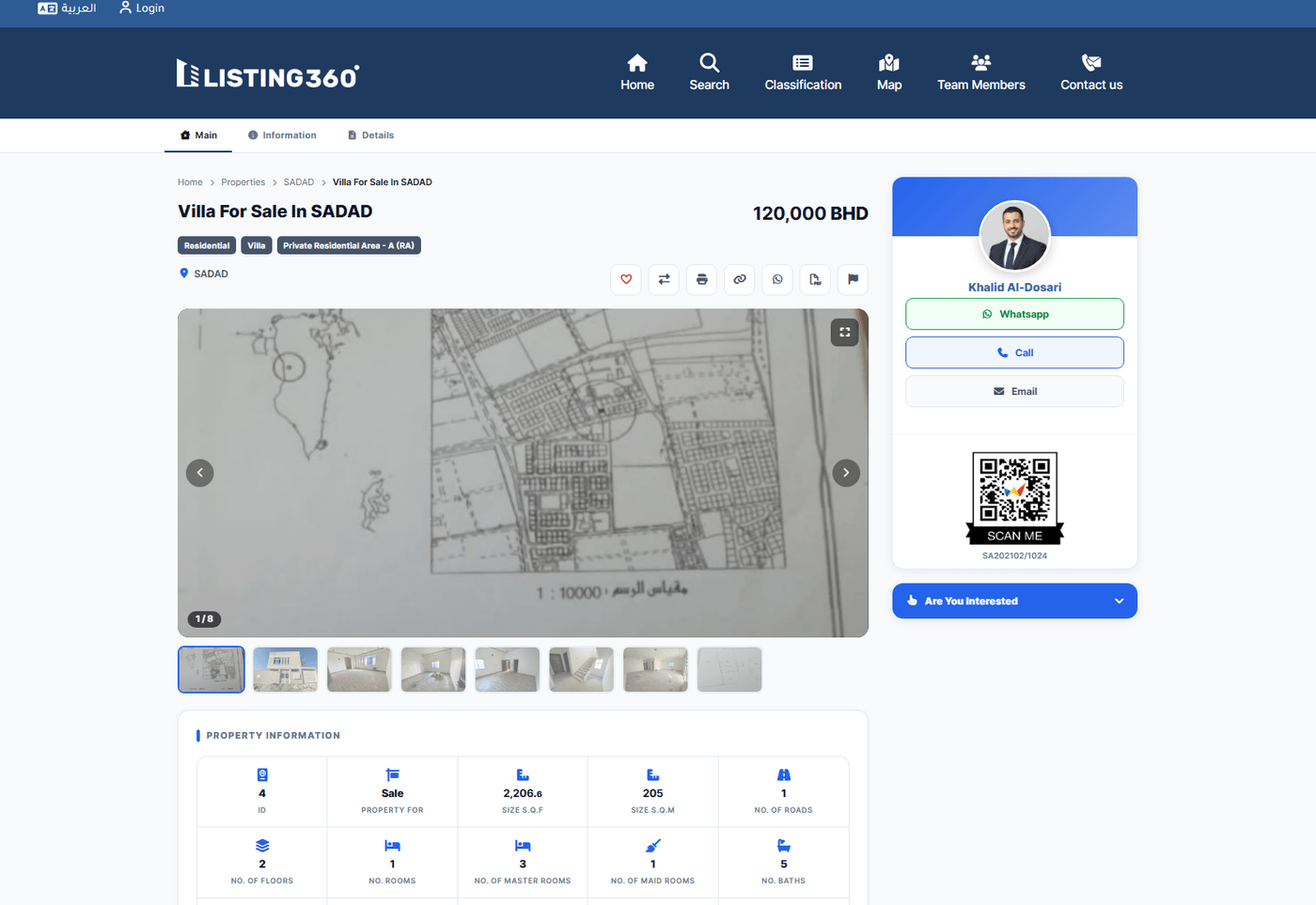 Public property detail page showing the image gallery, property information grid, agent contact card with QR code, and similar properties