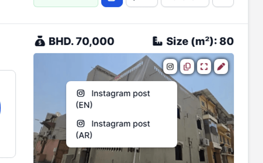 The Instagram image button on a property's photo, with its dropdown showing Instagram post (EN) and Instagram post (AR)