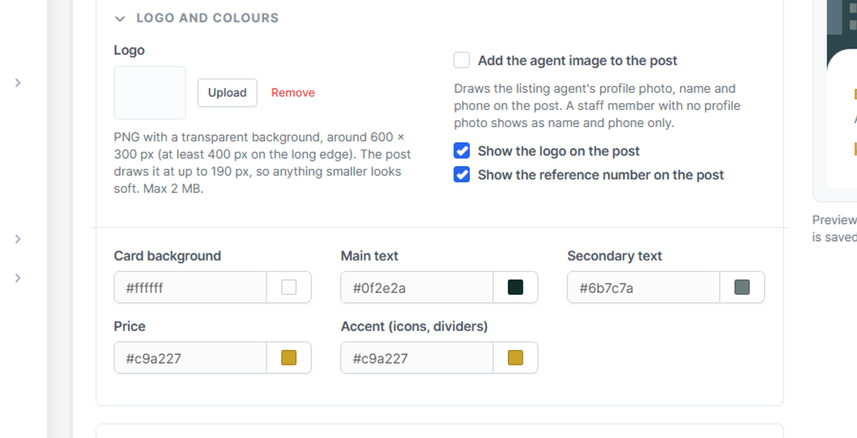 The Logo and colours panel: logo upload, show logo and reference number toggles, and colour pickers for card background, text, price and accent