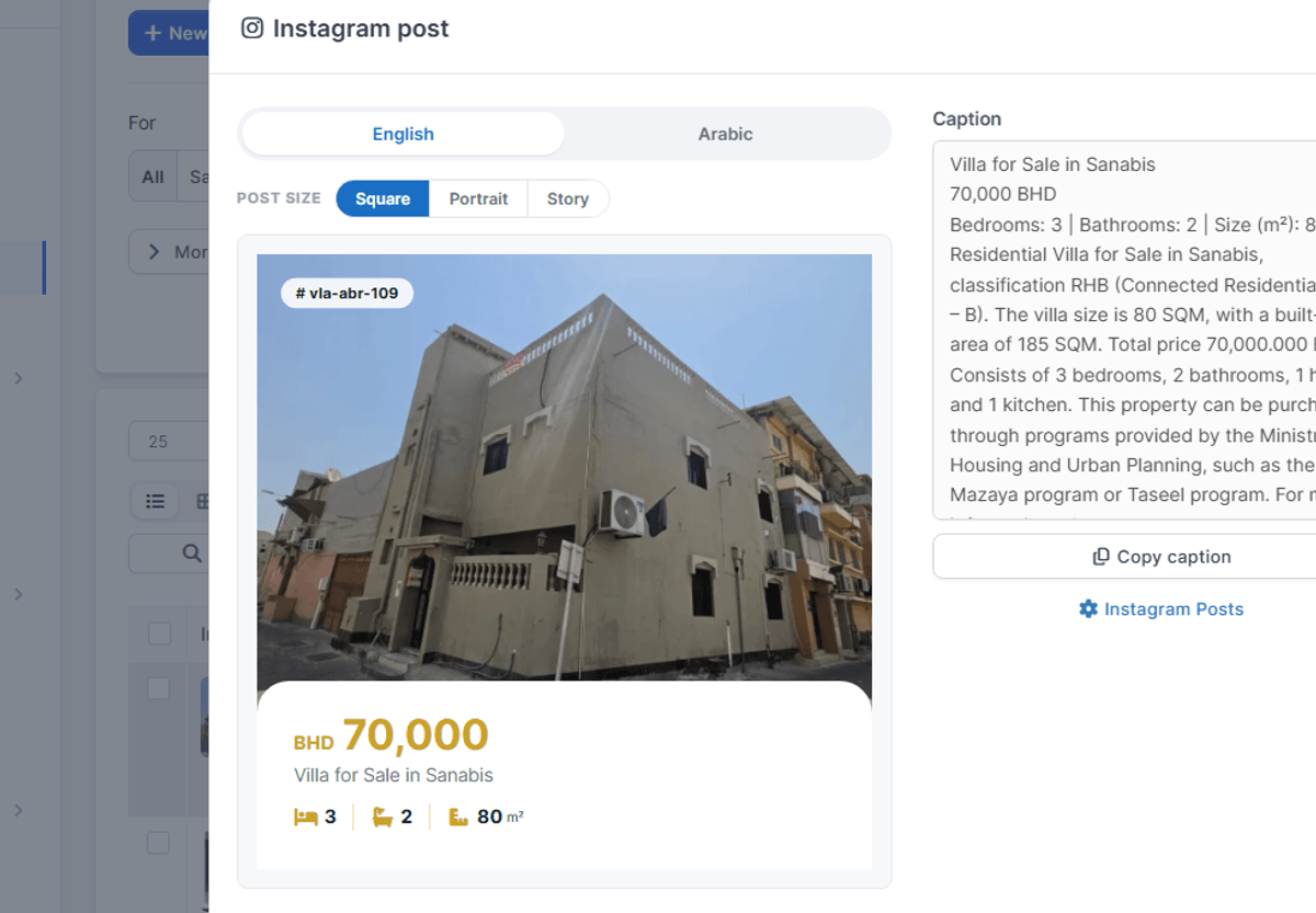 The Instagram post window showing a real listing drawn in the Aurora design, with its caption on the right