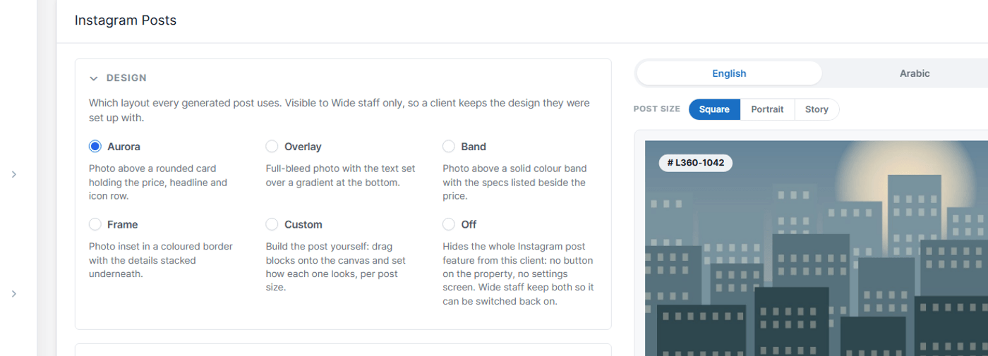 The Design panel with Aurora selected, next to a live sample post preview and the English/Arabic and post size toggles