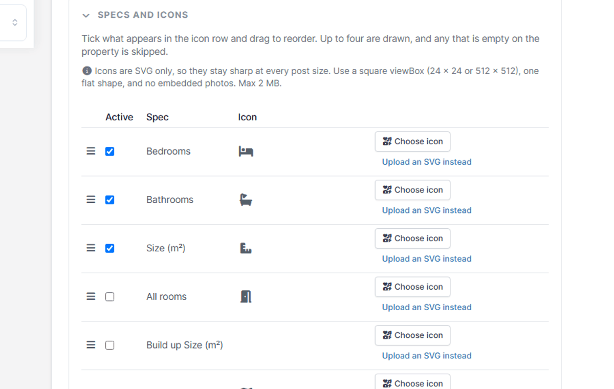 The Specs and icons panel, listing every detail with its active checkbox and icon picker, drag handles for reordering