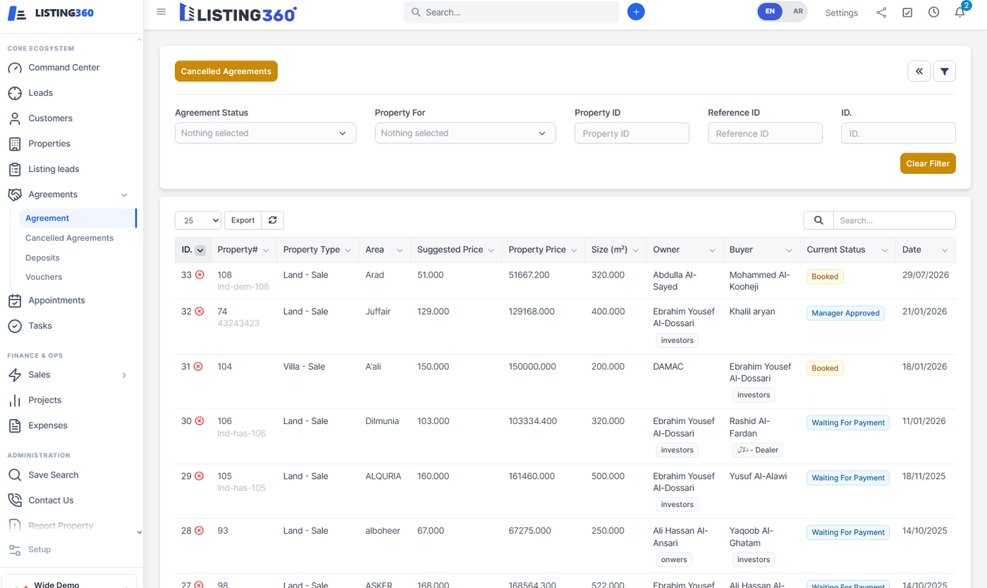 Agreements list showing statuses like Booked, Manager Approved, Owner Approved, Waiting For Payment, and Paid