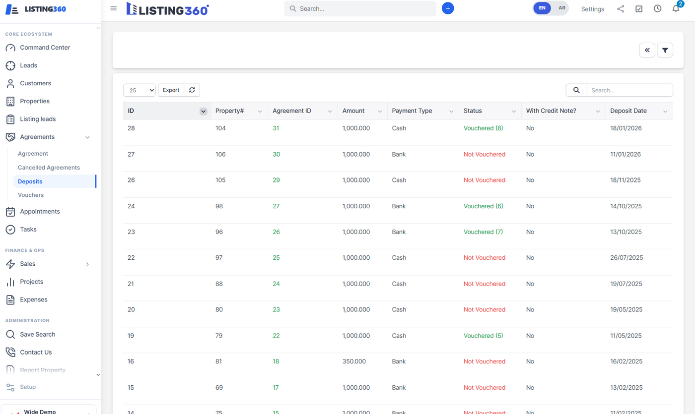 Deposits list showing amount, payment type, and a Vouchered or Not Vouchered status per deposit