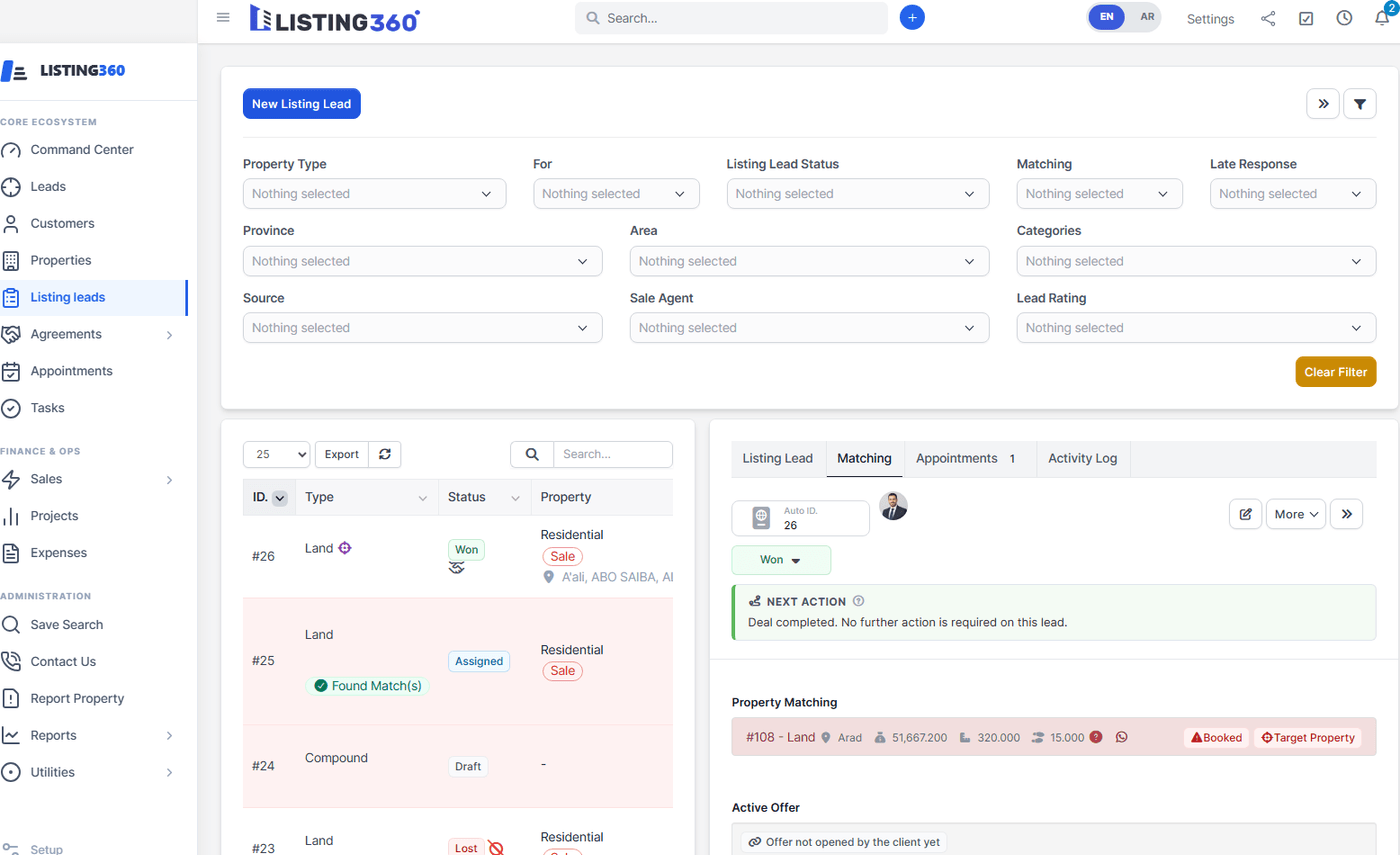 Listing lead Matching tab showing the target property, a physically-visited offer, and a badge linking to the resulting agreement
