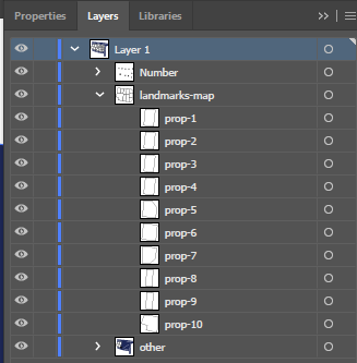 Adobe Illustrator layers panel showing a landmarks-map group expanded into prop-1 through prop-10 sub-layers